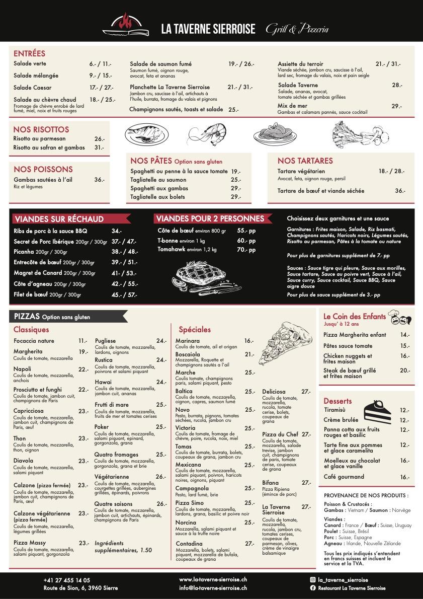 carte du restaurant la taverne